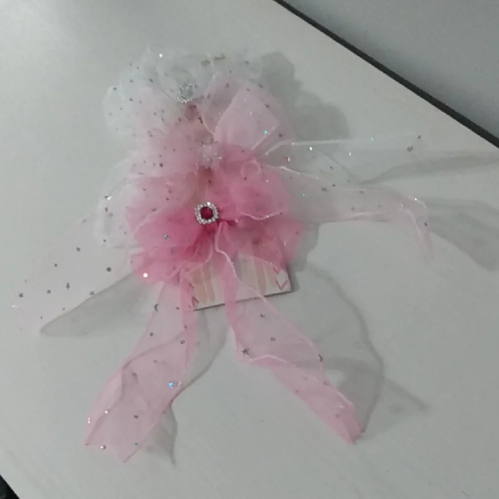 3 Pc.‎ Pink and White Sheer Hair Bow Clips With Rhinestones